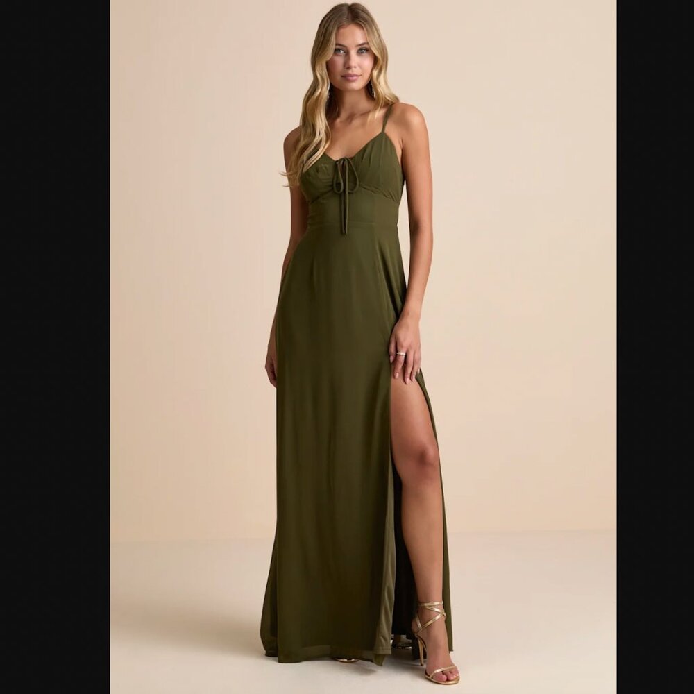 Lulus Marveled Beauty Olive Green Sleeveless Tie-front Maxi Dress - Size XL